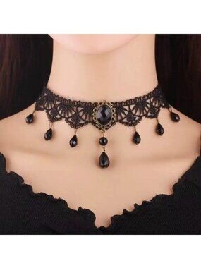 Choker Necklace Sexy Black Lace & Beads Collar Vamp Goth Stone Victorian Rave